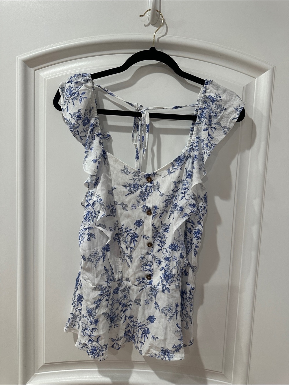 Moa Moa White Camisole with Blue Floral Print and Ruffle Straps